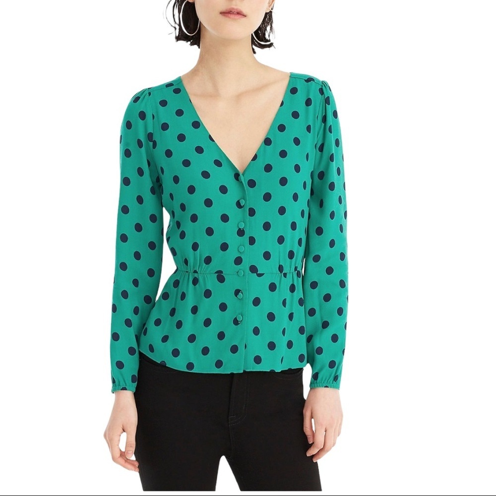 J.Crew Green Long-sleeve Peplum Top in Crepe Polka Dot​